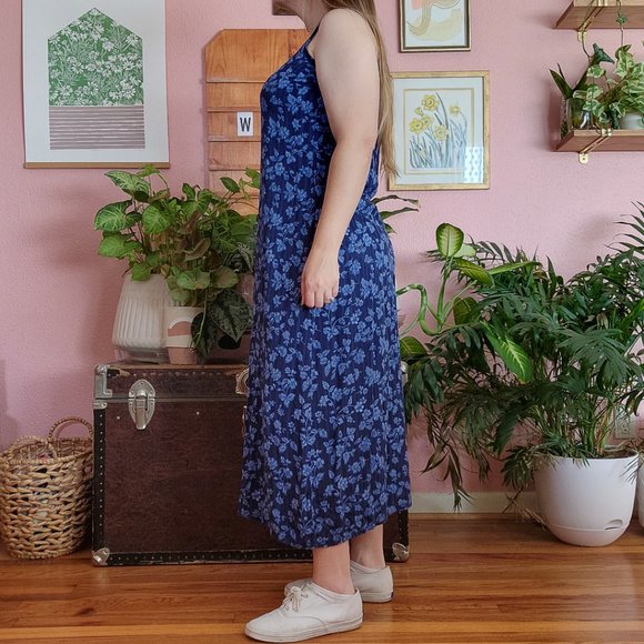 Vintage 90s Faded Glory Blue Floral Rayon Midi Tank Dress Size L - Picture 3 of 16